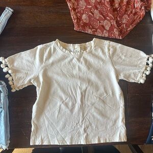 Pom-Pom Trim Kids cream Shirt and ribbed slinky bell bottoms